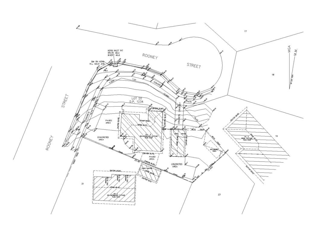 Detail survey plan drawing for subdivision services Sydney